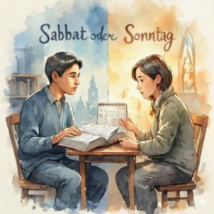 Zwei Menschen, die eine Bibel aufgeschlagen haben. Über den beiden stehen die Worte: Sabbat oder Sonntag